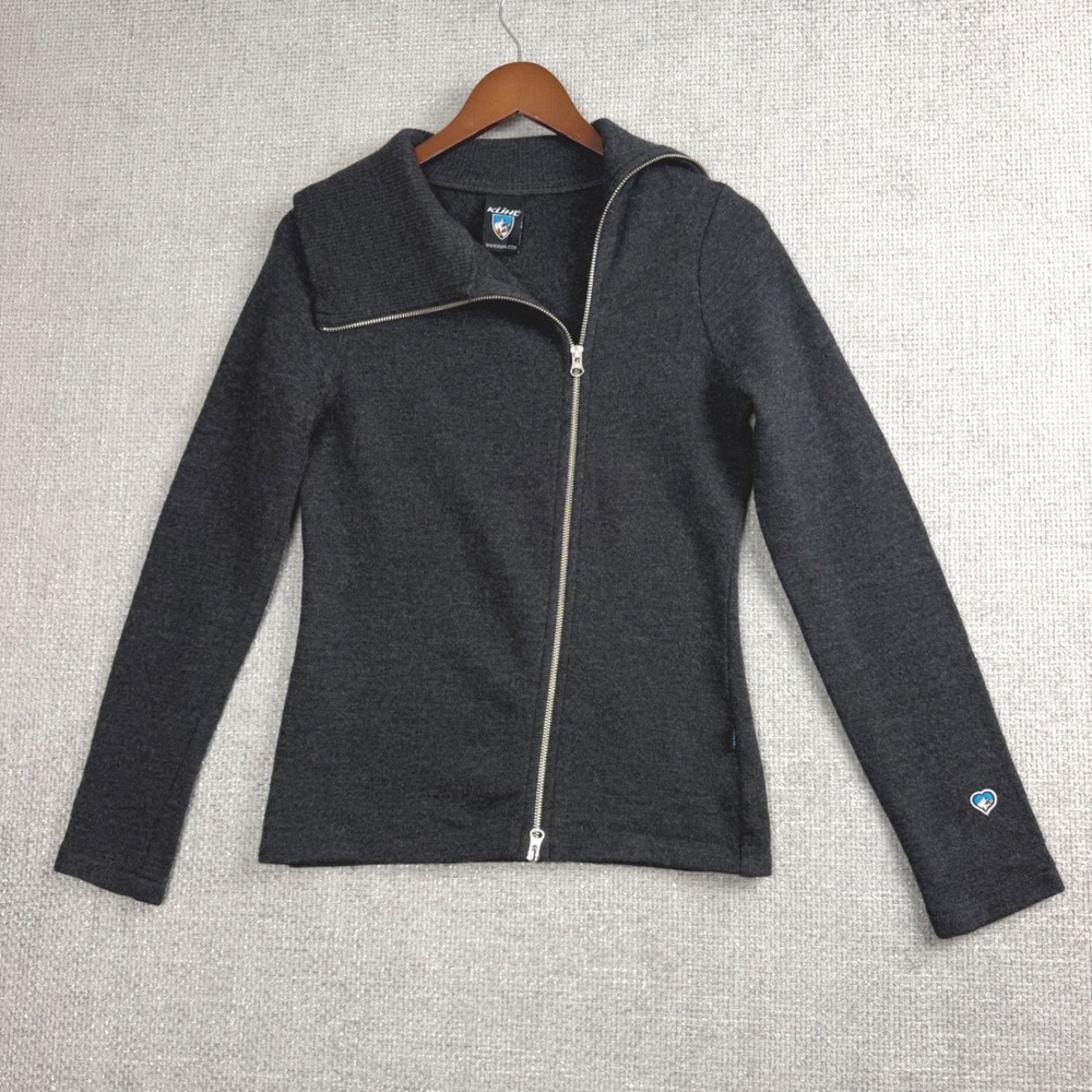 KUHL Merino Wool Sweater Women S Gray Asymmetrical Zip Sweater Fold Over Collar